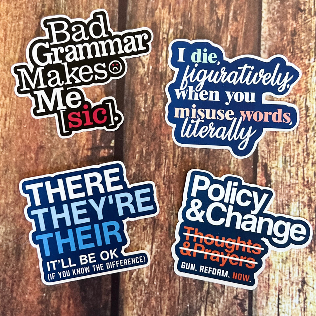 a collection of funny grammar-related stickers in shades of blue.