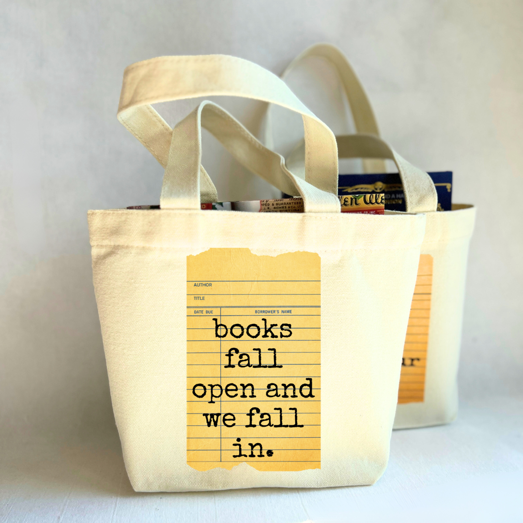 Canvas Mini Tote Bag - Books Fall Open and We Fall In Library Card