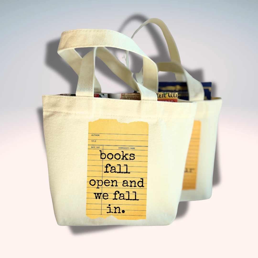 Canvas Mini Tote Bag - Books Fall Open and We Fall In Library Card