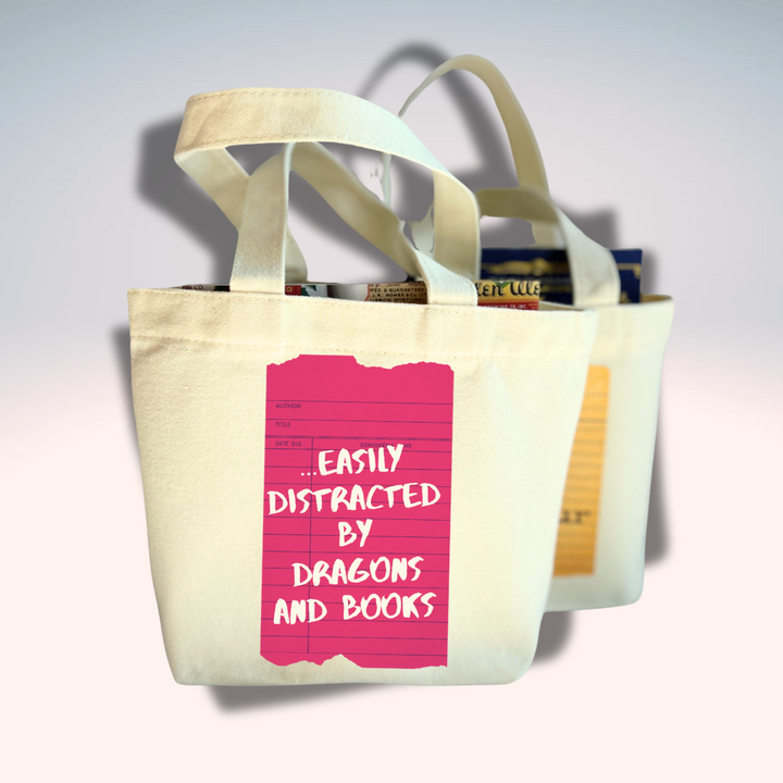 Canvas Mini Tote Bag - Easily Distracted by Books and Dragons Library Card