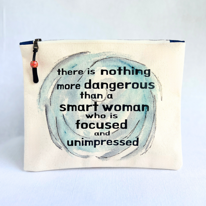 Canvas zip bag painted LARGE - a smart woman is focused and unimpressed