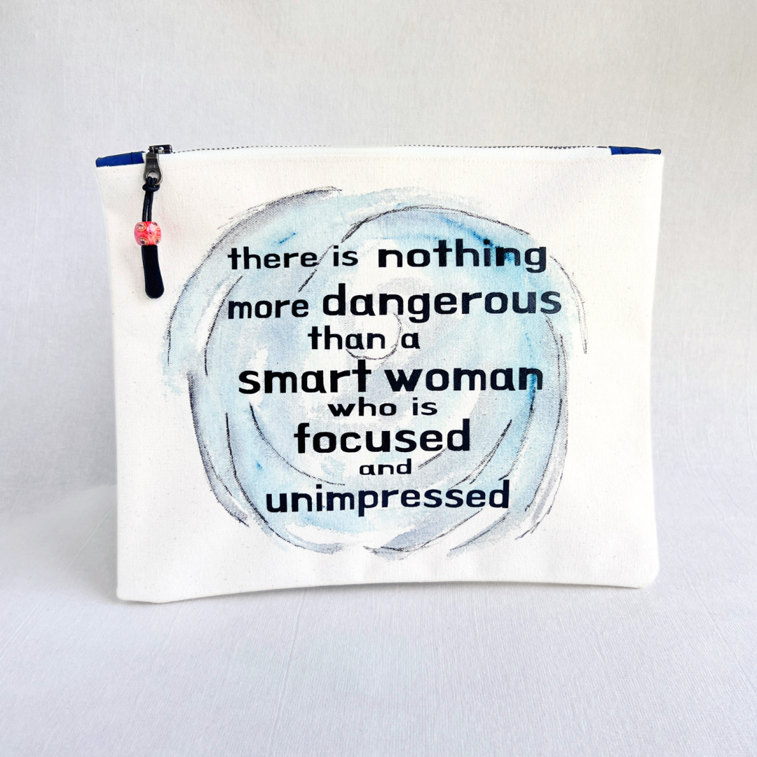 Canvas zip bag painted LARGE - a smart woman is focused and unimpressed