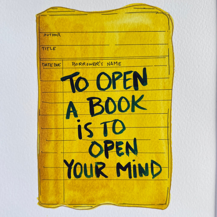 Library Card Watercolor Original Art - Open a book, open your mind