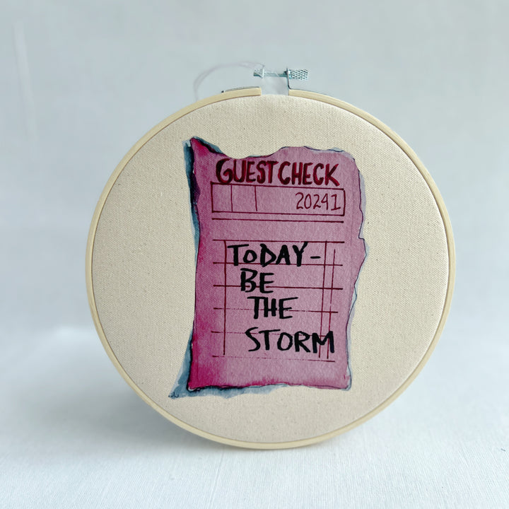 oatmeal linen canvas with a guest check design in purple with the words, today be the storm