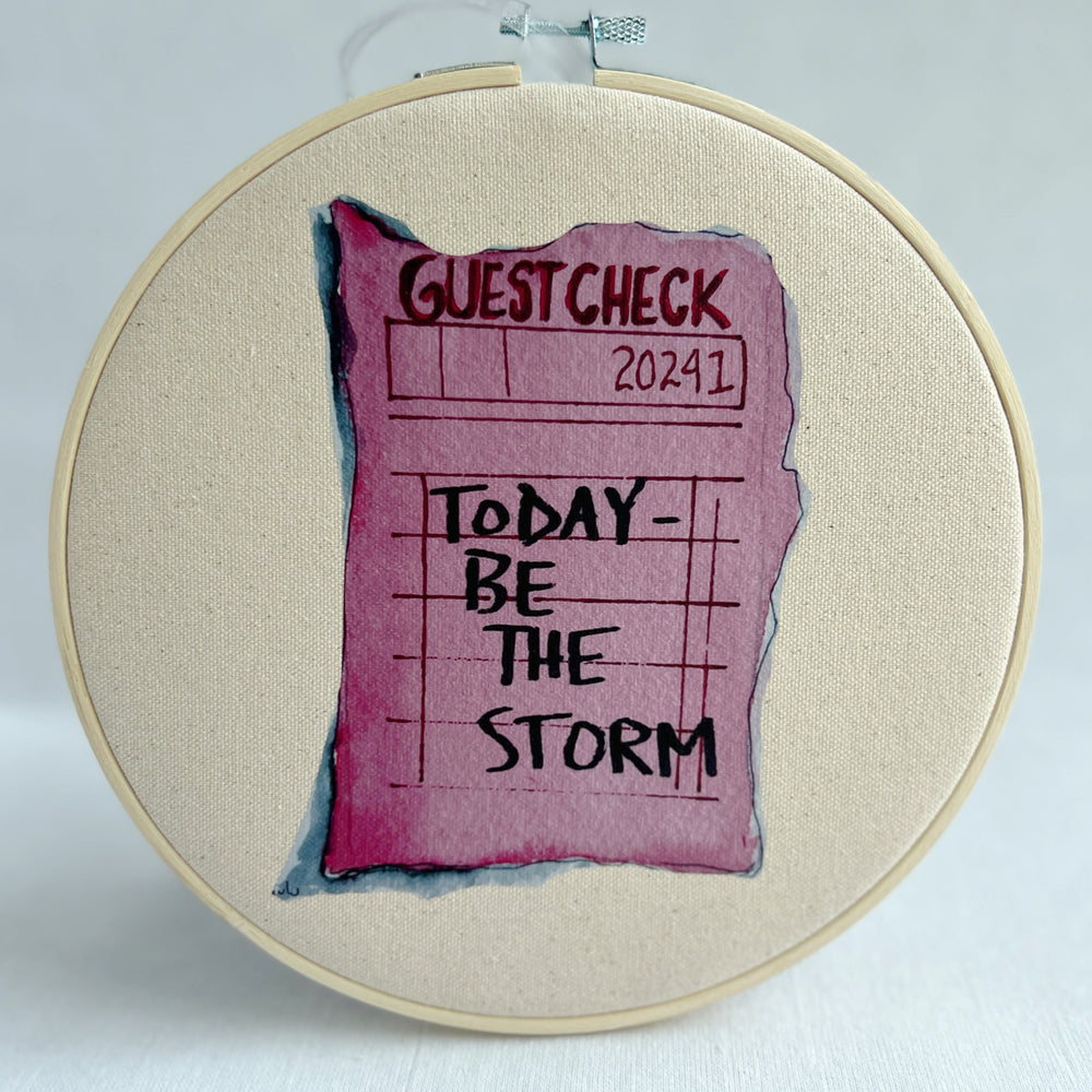 oatmeal linen canvas with a guest check design in purple with the words, today be the storm