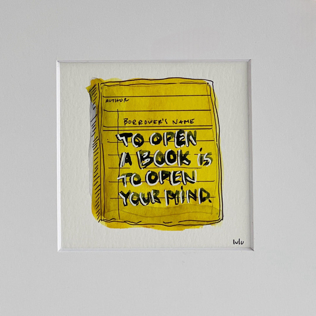 Library Card Watercolor Original Art - Open a book, open your mind