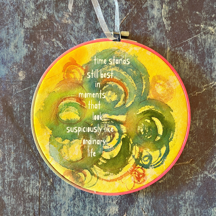 time stands still - painted mixed media hoop art