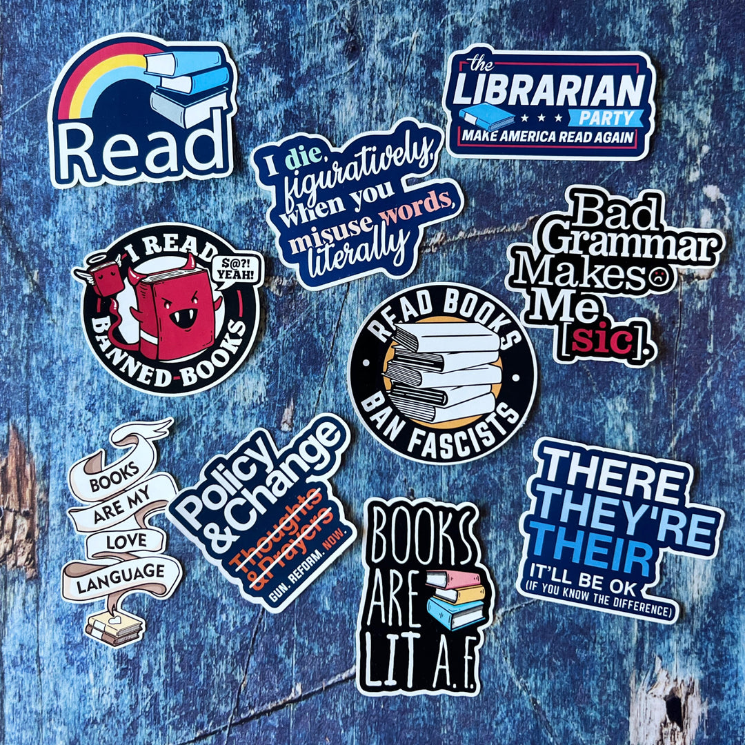 a collection of funny, grammar- and book-related stickers on a blue background