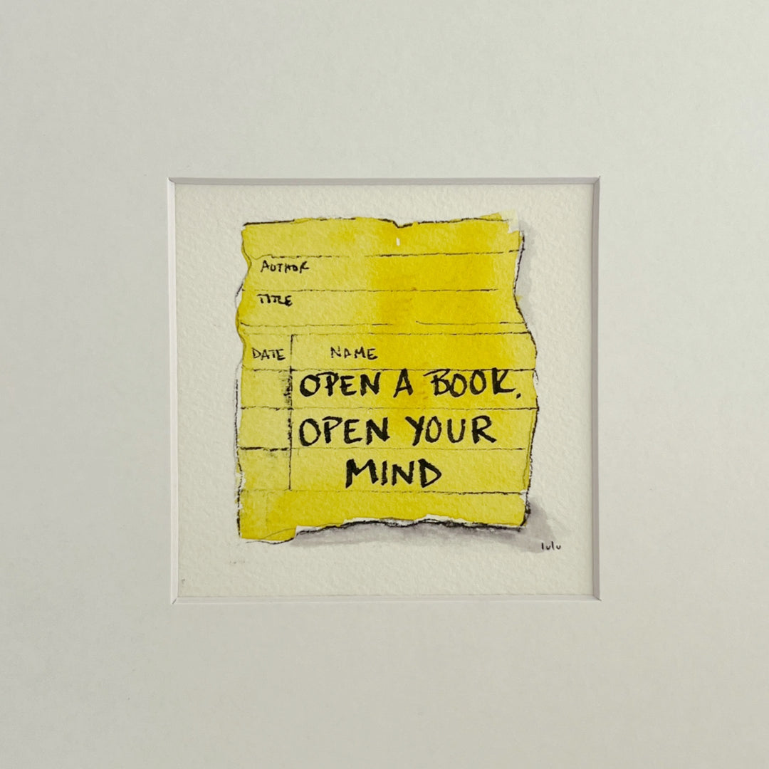 an original small watercolor painting depicting a torn vintage library checkout card in lemon yellow with the words, open a book open your mind matted in white